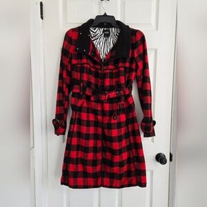 XOXO Wool Blend Pea Coat Women's Size Large Red Black Checkered Lightweight Warm
